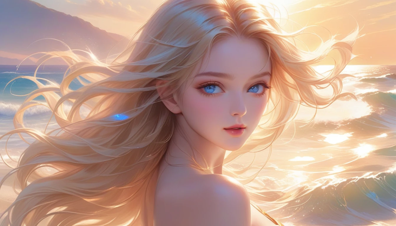 A Masterpiece In 32K Resolution, Supreme Quality, Super Detail, Official Art, Very High-Resolution 32K Wallpaper, Majestic And Aesthetic, Ultra-Detailed Features, Awe-Inspiring Detail. A Wind-Swept Beach With (Glowing Sands), (Crashing Waves), And Skin With A Golden, Sun-Kissed Glow (Highlight Her Ample Breasts). A Girl With A Mildly Pensive Expression, Flowing Sunset Blonde Hair, Glistening In The Wind, And Bright Ocean Blue Eyes, Reflecting The Surrounding Sea. Her Features Are Radiant And Breathtakingly Delicate, Bathed In (Soft Golden Sunset). (Exquisitely Detailed Beauty), With Expressions Full Of Thought And Wonder, Set Against A Majestic Coastal Scene. The Water Glistens With Fine Detail, Echoing The Beautiful Symmetry Of Her (Stunning Face). This Original Artwork Features Ultra-Precise Craftsmanship, Bringing Out Every Detail Of Her Enchanting Form And Elegant Aura.