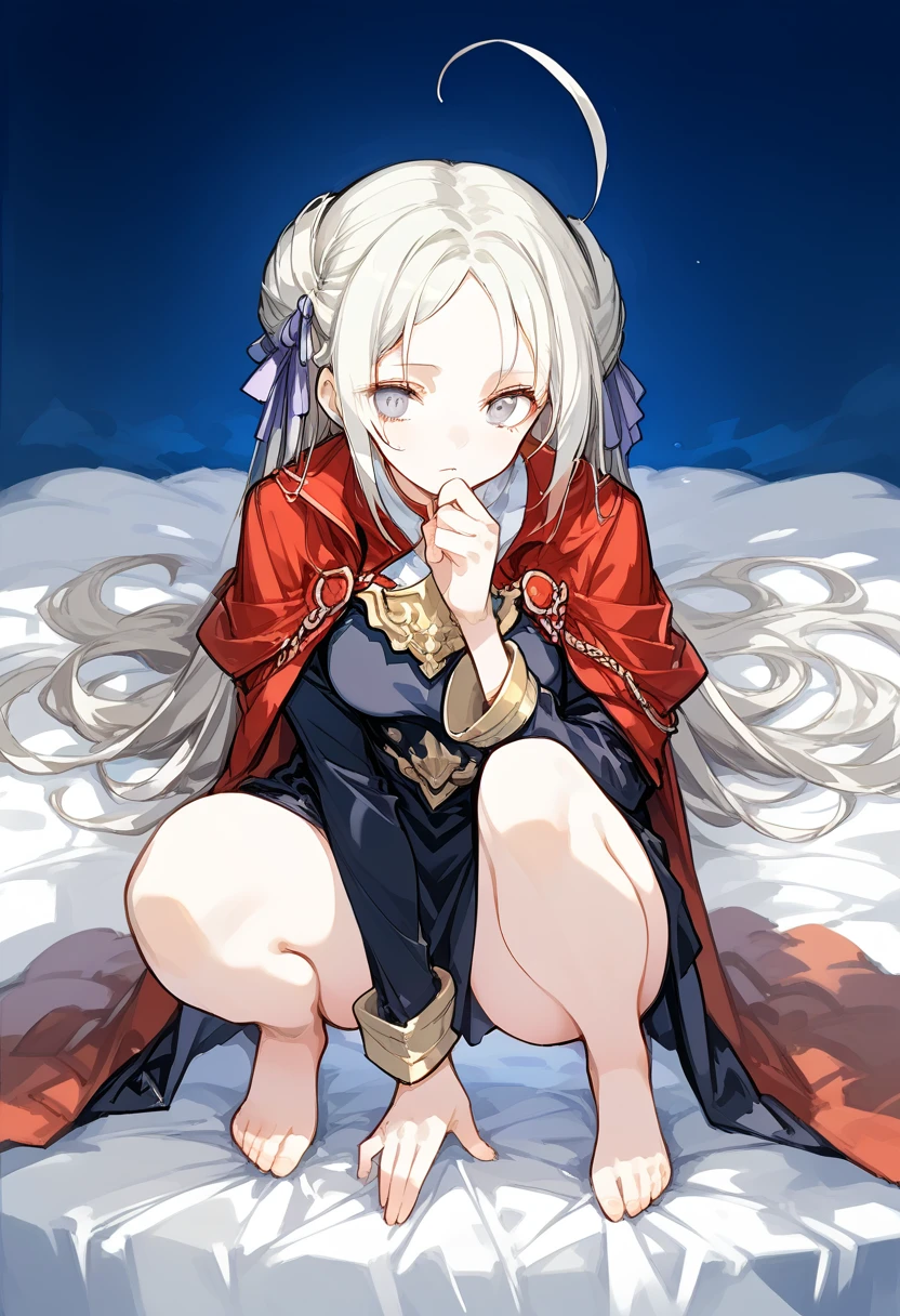 Anime girl with white hair and a black dress is lying on the bed, anime girl squatting, from girl front line, Ahoge is standing on end, 2b, 2b, small details. girl front line, Beautiful anime girl squatting, , pixiv 3DCG, Detailed anime original drawing, edelgard fire emblem