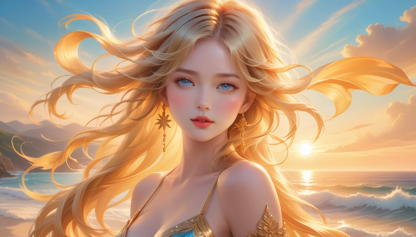 A Masterpiece In 32K Resolution, Supreme Quality, Super Detail, Official Art, Very High-Resolution 32K Wallpaper, Majestic And Aesthetic, Ultra-Detailed Features, Awe-Inspiring Detail. A Wind-Swept Beach With (Glowing Sands), (Crashing Waves), And Skin With A Golden, Sun-Kissed Glow (Highlight Her Ample Breasts). A Girl With A Mildly Pensive Expression, Flowing Sunset Blonde Hair, Glistening In The Wind, And Bright Ocean Blue Eyes, Reflecting The Surrounding Sea. Her Features Are Radiant And Breathtakingly Delicate, Bathed In (Soft Golden Sunset). (Exquisitely Detailed Beauty), With Expressions Full Of Thought And Wonder, Set Against A Majestic Coastal Scene. The Water Glistens With Fine Detail, Echoing The Beautiful Symmetry Of Her (Stunning Face). This Original Artwork Features Ultra-Precise Craftsmanship, Bringing Out Every Detail Of Her Enchanting Form And Elegant Aura.