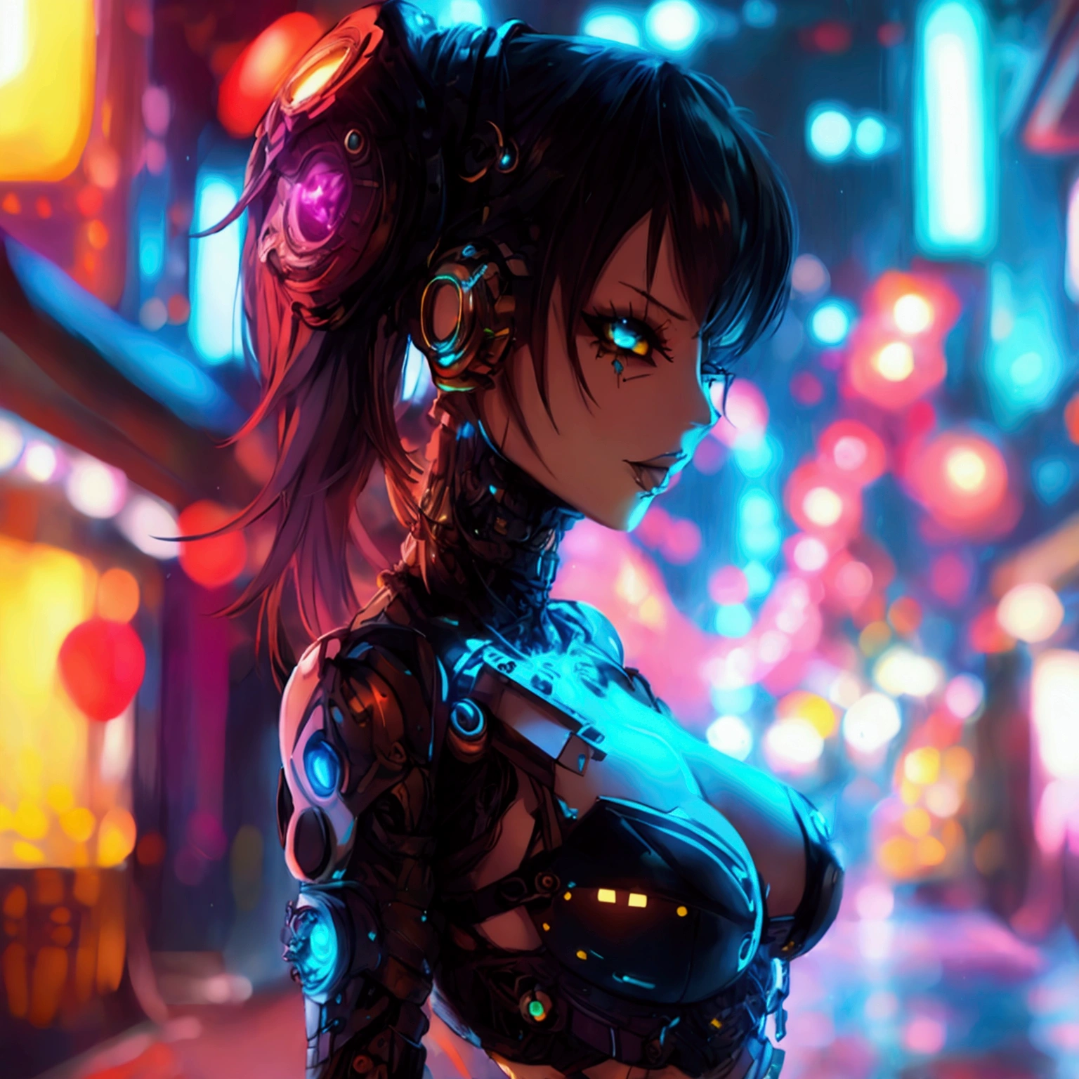 Cybergoth, cyborg, female, sexy, Seductive pose, punk long hairstyle, fantasy neon village background, well-toned abs