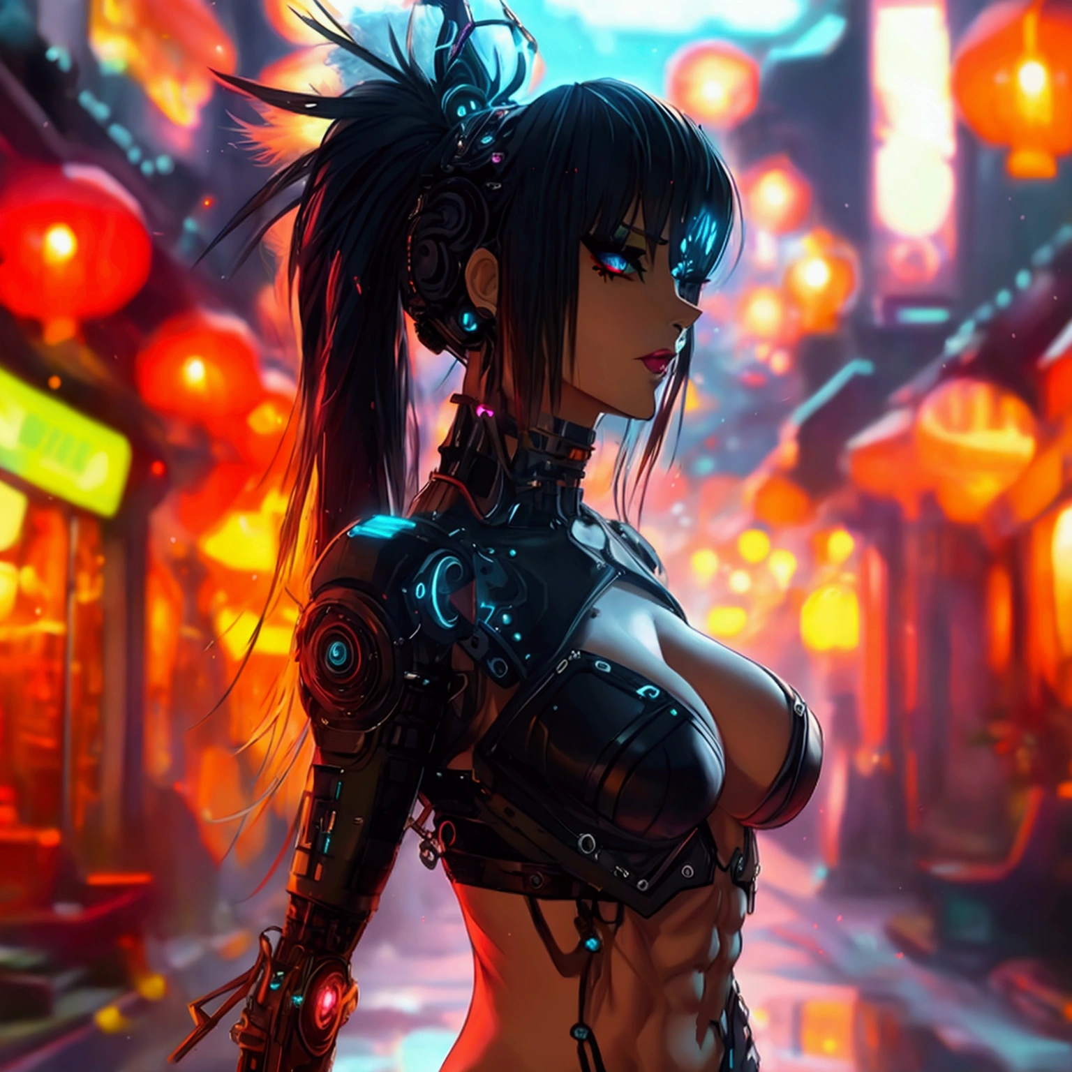 Cybergoth, cyborg, female, sexy, Seductive pose, punk long hairstyle, fantasy neon village background, well-toned abs