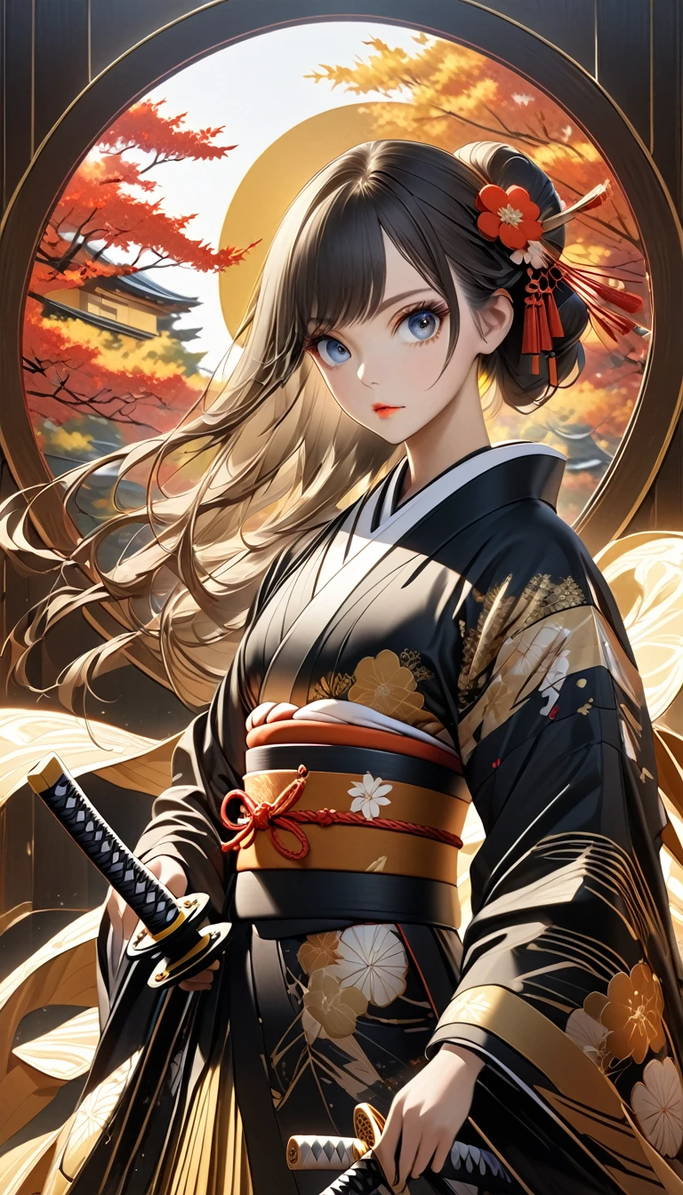 Wearing a japan warrior attire, beautiful japan super model, big round bright eyes, golden ratio posture. High detail costume. holding elegant long katana. Divine elegant look, luxury ornament piece, autum season, uhd, high res