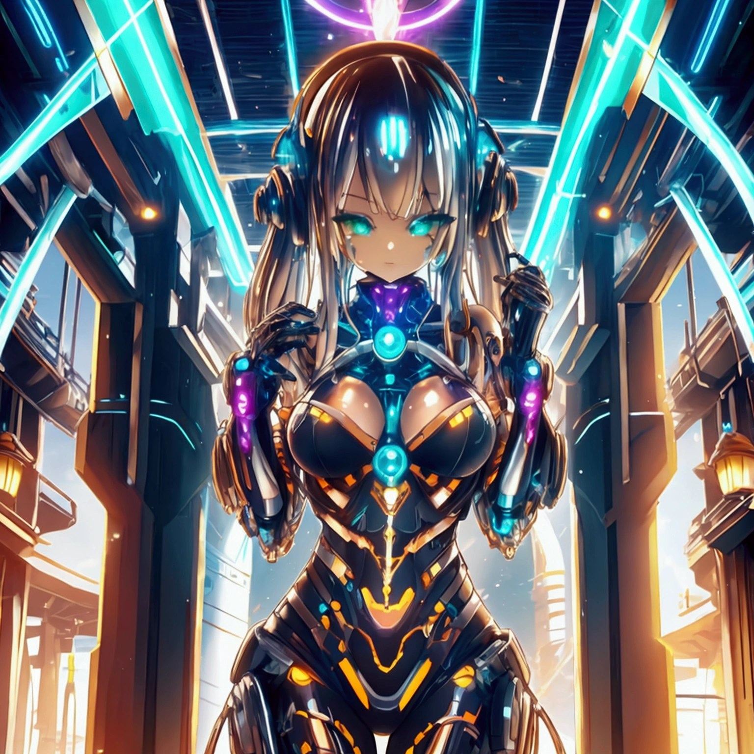 Cybergoth, female, cyborg slime girl, sexy, masturbating pose, long wild hairstyle, fantasy neon village background, well-toned abs