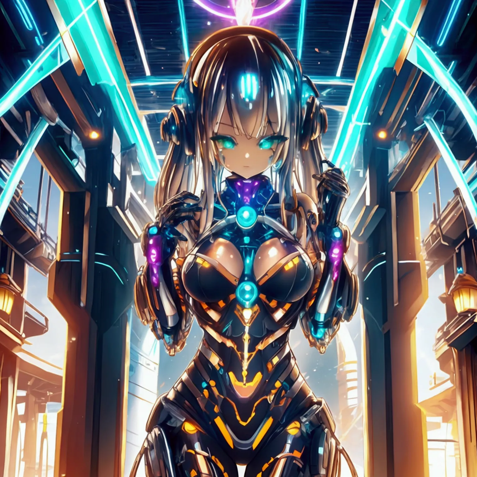 cybergoth, female, cyborg slime girl, sexy, masturbating pose, long wild hairstyle, fantasy neon village background, well-toned ...