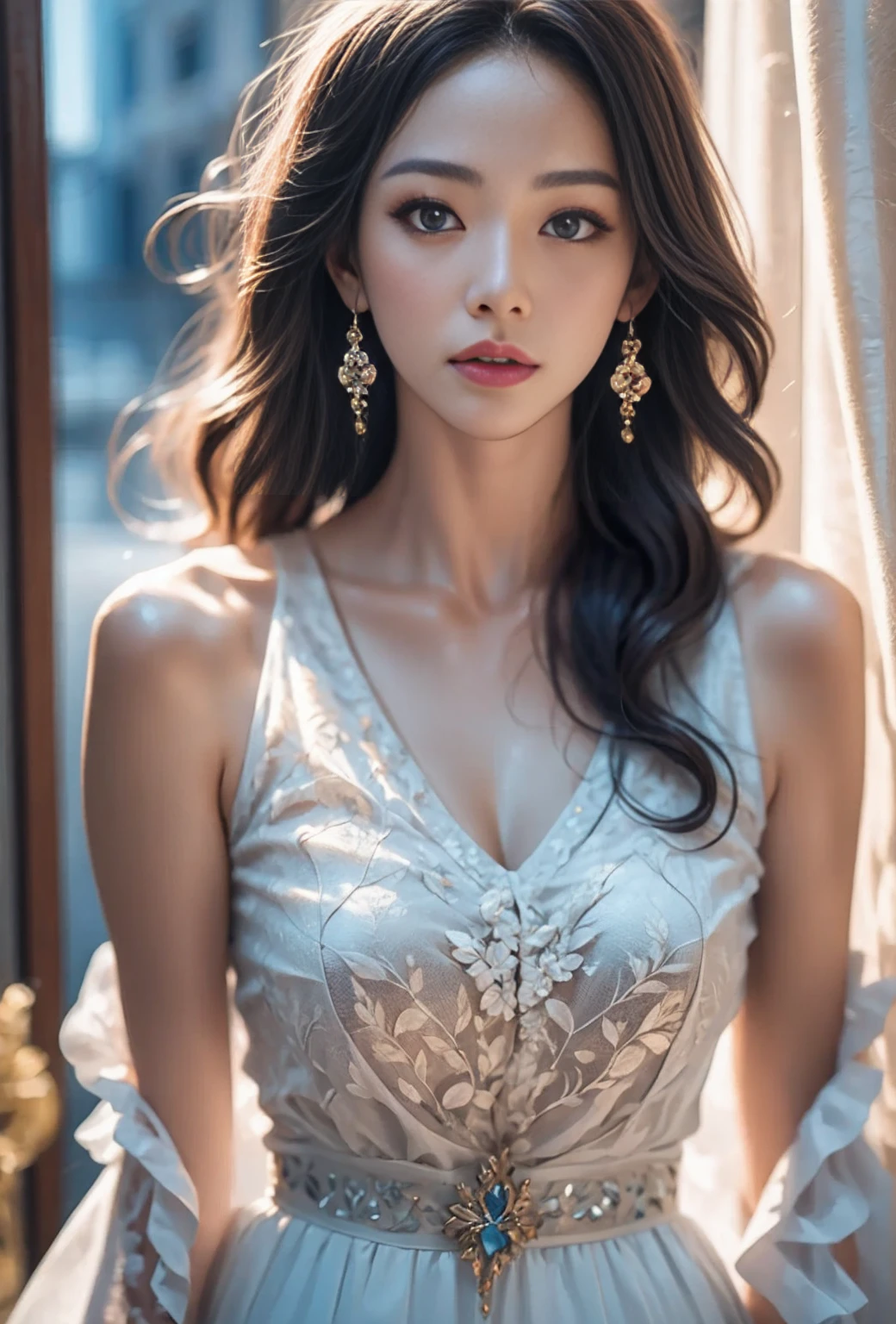 Full body shot of a beautiful young Korean woman :1.2, Close up portrait of a Korean woman in dress with long hair, detailed intricate makeup, Korean woman, popular Korean celebrity, highly realistic, highly detailed face, beautiful eyes, thick lips, sharp facial features, soft lighting, warm tones, realistic, 8K, high resolution, masterpiece, detailed, cinematic lighting, glamour, elegance, Korean beauty.