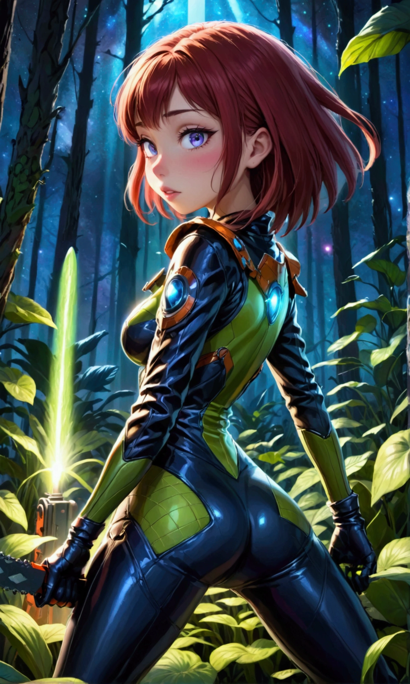 cute yuna, 1girl, detailed eyes, detailed lips, extremely detailed face, long eyelashes, sexy space adventurer outfit, lots of blinking lights, sword with chainsaw blade, dangerous alien forest, night, reaching rocket ship, cinematic lighting, 8k, high quality, photorealistic, intricate details, vibrant colors, dramatic shadows, cinematic composition, science fiction, concept art style, damsel peril, carnivorous plants grabbing at her, damsel in distress, show her from head to toe, show her entire body
