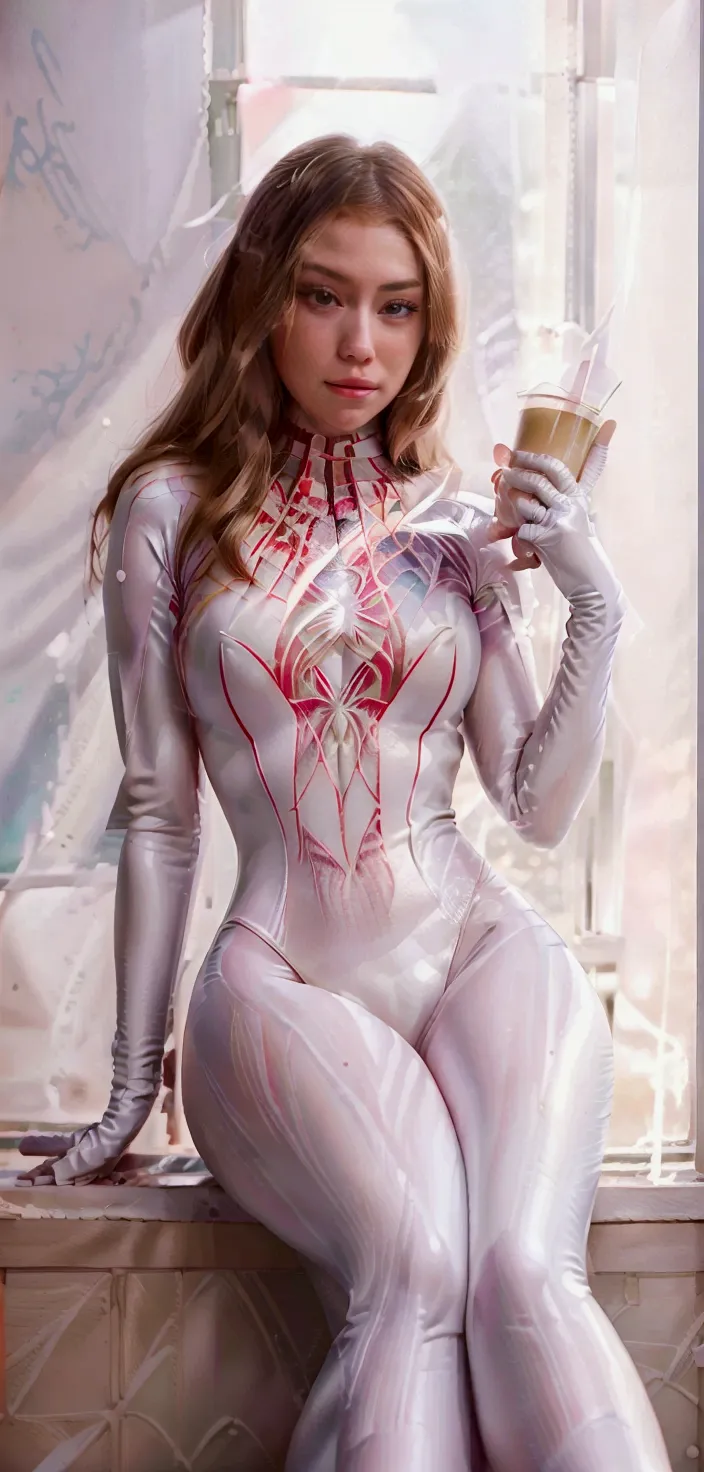 a woman in a white latex suit sits on the windowsill，holding a cup of coffee,  - gwen, gwen, gwen stacy, gwen, betty cooper, ext...