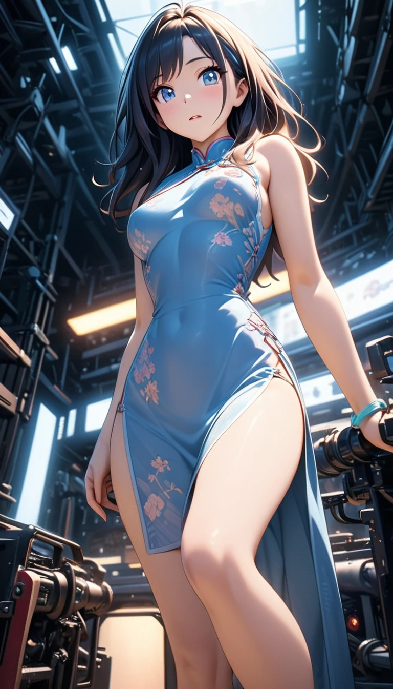 Cheongsam girl，Long hair，Pure white background，Depth of Field，Low angle view，Calf horizontal view，Overclocking Renderer，Movie Lighting，Ultrafine，Ultra Detailed，Complex，Movie perspective，CG Art，From below