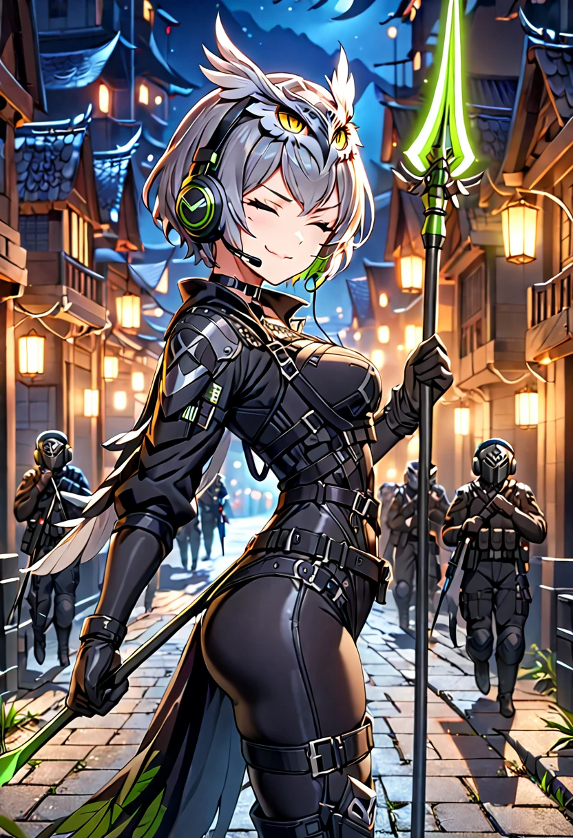 8K Ultra High-Quality, ultra-detailed, High quality, Grey hair, short hair, closed eyes, Headset, mask, owl feathers headpiece, Black Tactical clothes, black gloves, Military clothes, black bodysuit, body harness, holding a spear, smug, Looking at viewer, choker, full body, side view, night time