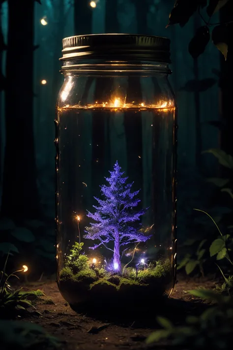 a dimly lit enchanting forest at night, mason jar glowing with ethereal fireflies, mesmerizing otherworldly atmosphere, highly d...