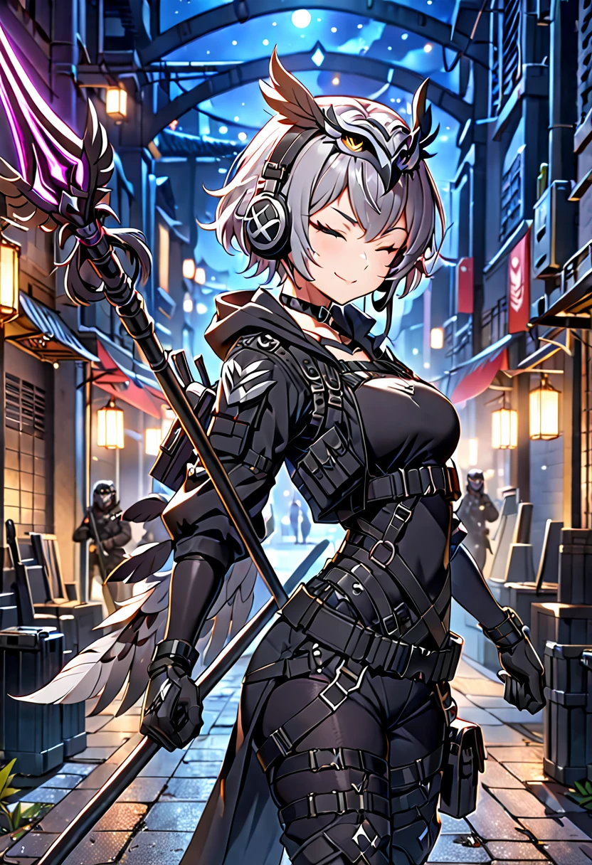 8K Ultra High-Quality, ultra-detailed, High quality, Grey hair, short hair, closed eyes, Headset, mask, owl feathers headpiece, Black Tactical clothes, black gloves, Military clothes, black tight t shirt, open jacket, body harness, holding a spear, smug, Looking at viewer, choker, full body, side view, night time