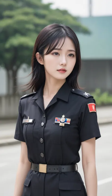 a senior officer wearing a unique black uniform。
taiwan origin。tall and slender。3。super beautiful woman。black hair medium。