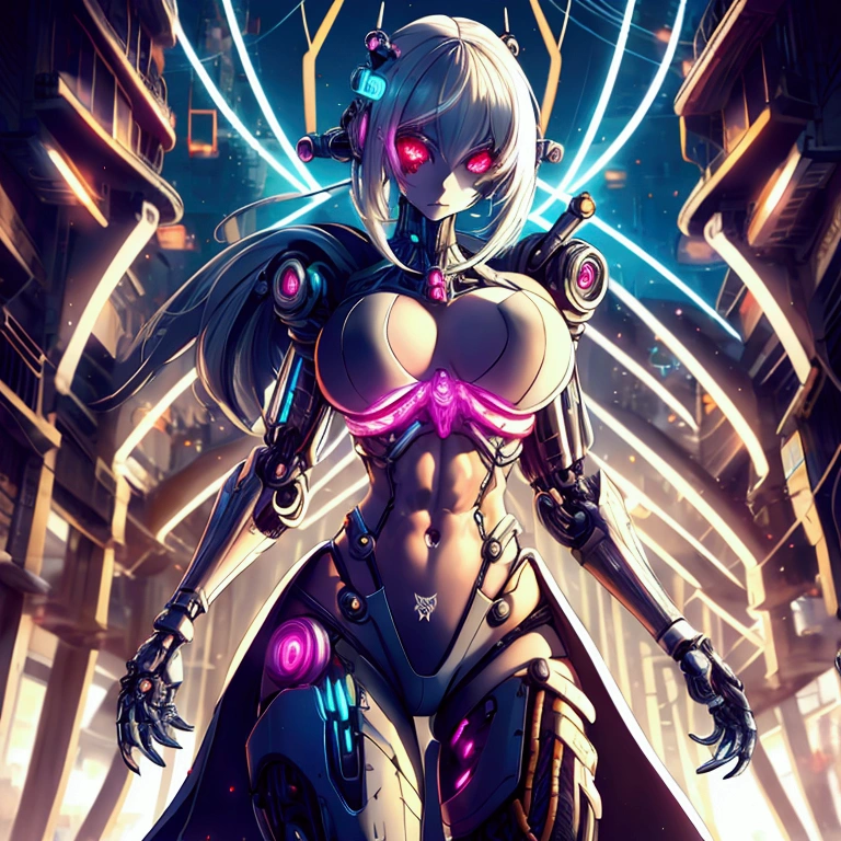 Cybergoth, female, cyborg, spider legs, sexy, long wild hairstyle, fantasy neon village background, well-toned abs, fighting