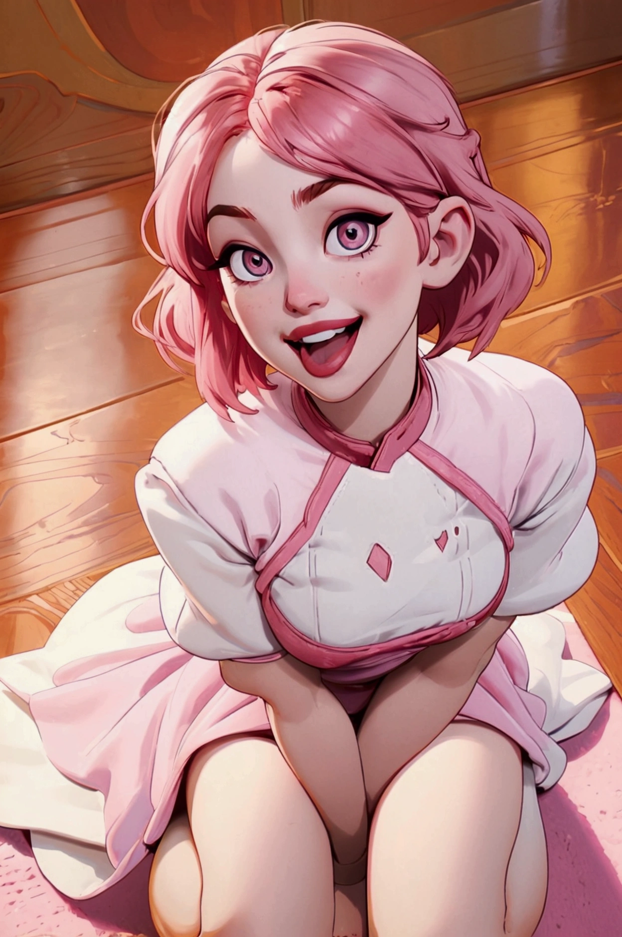 a beautiful young woman, (mouth very wide open and smiling), short pink hair, eyes  wide Open, wearing very short dress, kneeling on hardwood floor, viewed from above, tounge Out, drooling, feucht nass