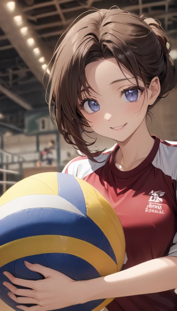 ((Highest quality、masterpiece、Anime Style、Highest quality、High resolution、8k、detailed、ultra-detailed:1.3))、Long legs、Sharp focus:1.2, Beautiful woman with perfect figure:1.4、(smile:1.2), double eyelid、30-year-old woman、((((1 volleyball、Jersey、Gym clothes、gym、Dodgeball:1.5))))