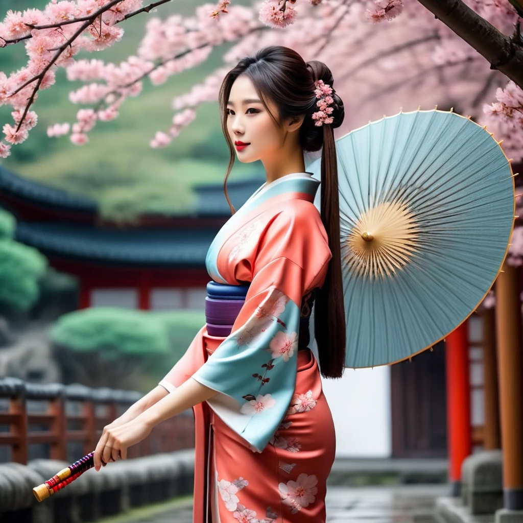 realistic photo of Asian woman, long straight black brown hair flowing neatly, detailed wearing KIMONO clothes 👘 beautiful color combination, carrying an umbrella ☂️ wearing women's shoes, attractive appearance, graceful body walking while enjoying the beauty of the surroundings, background in an ancient Japanese temple, there are flowers Sakura, when autumn in Japan is enchanting." Best quality hyperrealistic photos, HD, real & clear photos