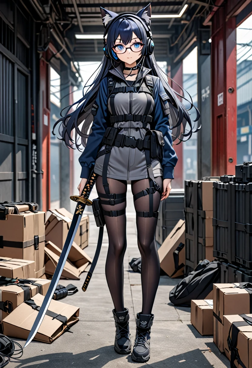 8K Ultra High-Quality, ultra-detailed, High quality, Dark Blue hair, Long hair, Blue eyes, Headset, cat girl, Grey Tactical clothes, Dark grey trimmings, Military clothes, dark blue jacket opened, black spandex under clothes, body harness, holding a katana, Looking at viewer, choker, glasses, full body