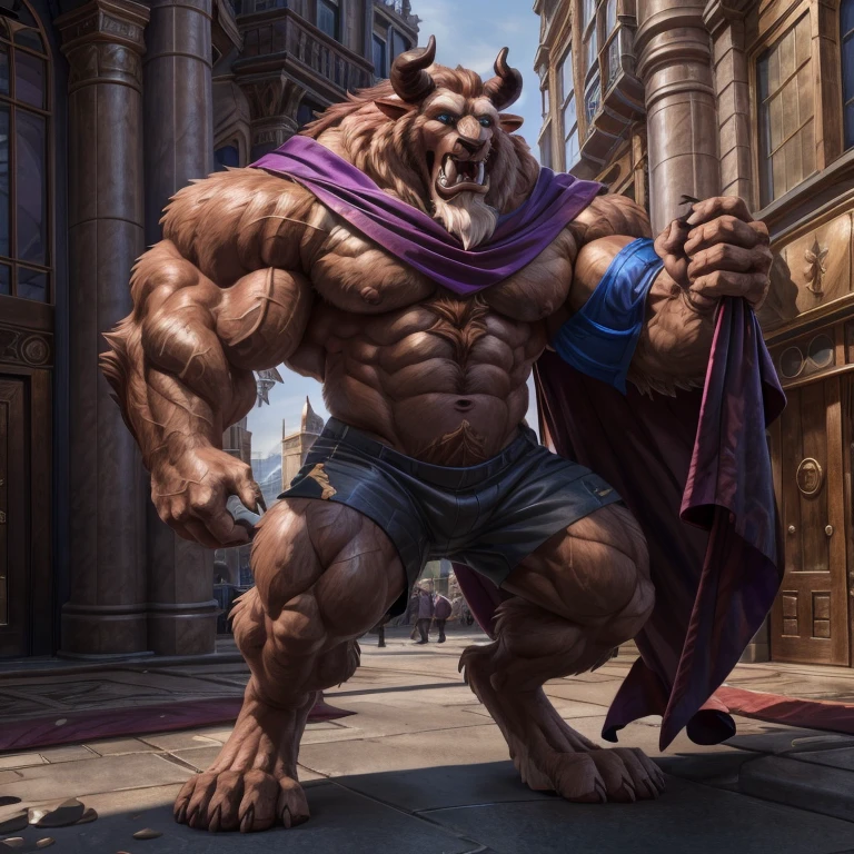 A photorealistic image of the Beast from the movie Beauty and the Beast, super muscular giant, with muscular arms, broad shoulders, giant and toned physique, burst muscle veins, blue eyes, Tailpussy, super fluffy brown fur, horns facing backwards, with veins popping, bare feet, 50-meter-tall supergiant in the center of a city in Lora:, full height. 4K, high resolution, best quality, (strong chest, defined muscles, muscular shoulders), Correct anatomy, (por Wfa:1.0), (por takemoto arashi:1.0), (por taran fiddler:0.5), Sensual, (shorts rosa , shirtless), sensual shadows, slender posture, open mouth, long exposed tongue, Eyes open:1, deTailpussyed eyes, wearing a purple cape(((T word)))，((The groin is raised))，((((The groin is big：100))))，giant root，(The erection)，(The shape of the groin is obvious：1.8)，