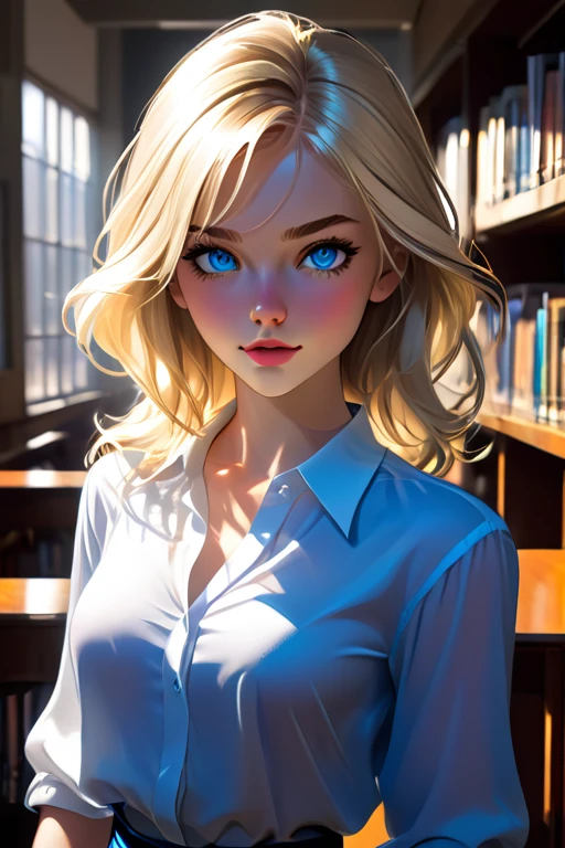 1 college girl; age 19; Slender, athletic; blonde hair; serious blue eyes with black pupils; attractive; fair skin; smirking; average bust; trending on artstation; complex volumetric lighting; strong shadows; artistic lighting; dynamic; energetic vibe; realistic skin; specular highlights; micro-textures; highly detailed hair; wearing a blue classy outfit; white blouse and silver jewellery; studying in a library