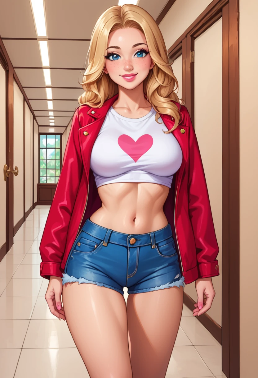 Beautiful round medium breasts, 1girl, ((Blonder hair, Beautiful straight hair, Hair parted on the right side)) ((Girl, cute girl face)) light azuis eyes, has an beautiful sensual body with freckles, with full breasts and thin waist, HIP HOP Beautiful and cute Red jacket, long denim shorts, fabric delicate, has a bold appearance. young, quality, realistic, best quality, cute expression, pink lipstick lips, Cute smile, leaning, In the building hallway, in a pose, (((character front, side, back view)))