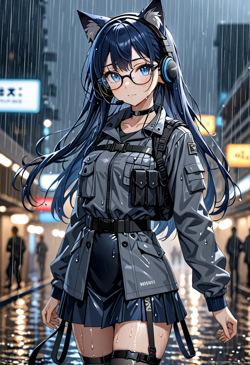 8K Ultra High-Quality, ultra-detailed, High quality, Dark Blue hair, Long hair, Blue eyes, Headset, cat girl, Grey Tactical clothes, Dark grey trimmings, Military clothes, dark blue jacket opened, black skirt, black spandex under clothes, body harness, Looking at viewer, choker, glasses, full body, close up, raining background, soaking wet, nigh time