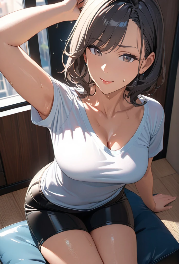 {masterpiece}, {best quality}, {very aesthetic}, {ultra-detailed}, {best illustration}, {ray tracing}, 1 woman, (((mature woman))), small breasts, curvy, armpits, (((sweat))), from above, breasts cleavage, looking below, t-shirt, sitting, gap of t-shirt