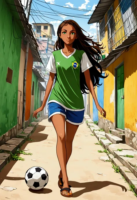 1 tomboy girl playing soccer on the street in the favela where she lives, girl with long hair and green eyes, tanned skin, t-shi...