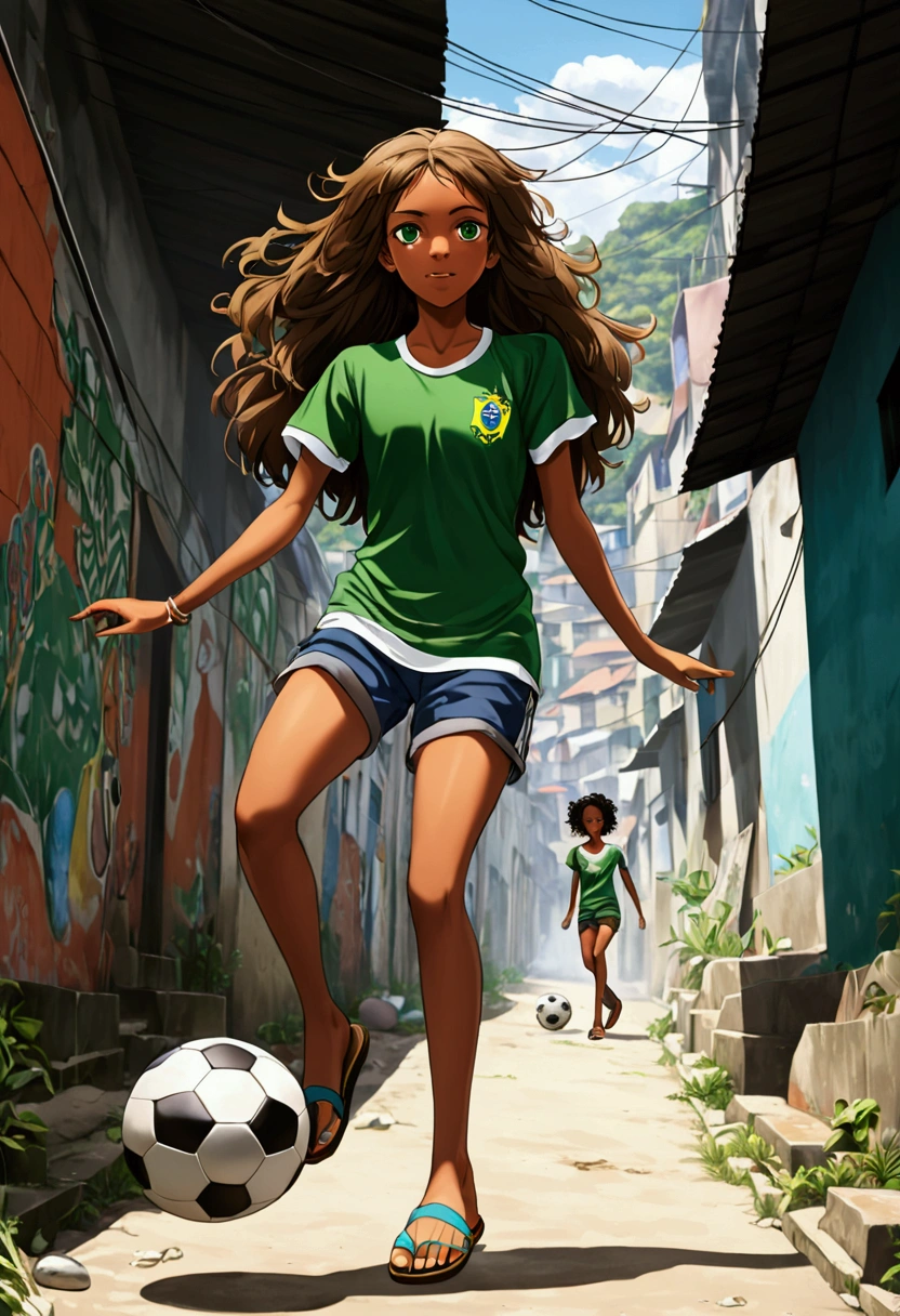 1 tomboy girl playing soccer on the street in the favela where she lives, girl with long hair and green eyes, tanned skin, t-shirt, shorts and flip flops,  Brazilian tomboy, soccer ball, t-shirt de time.