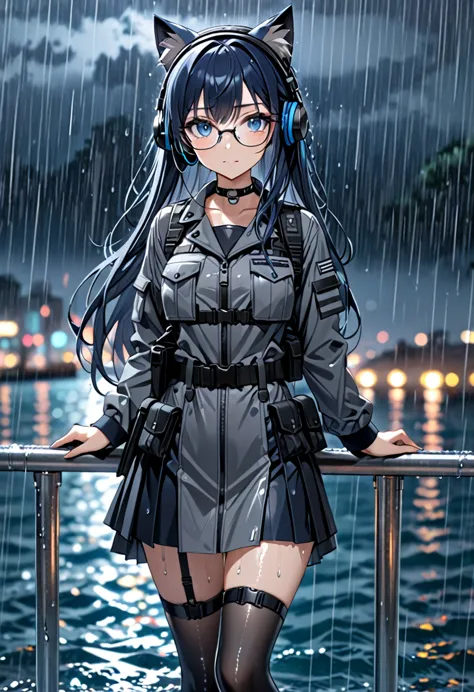 8k ultra high-quality, ultra-detailed, high quality, dark blue hair, long hair, blue eyes, headset, cat girl, grey tactical clot...