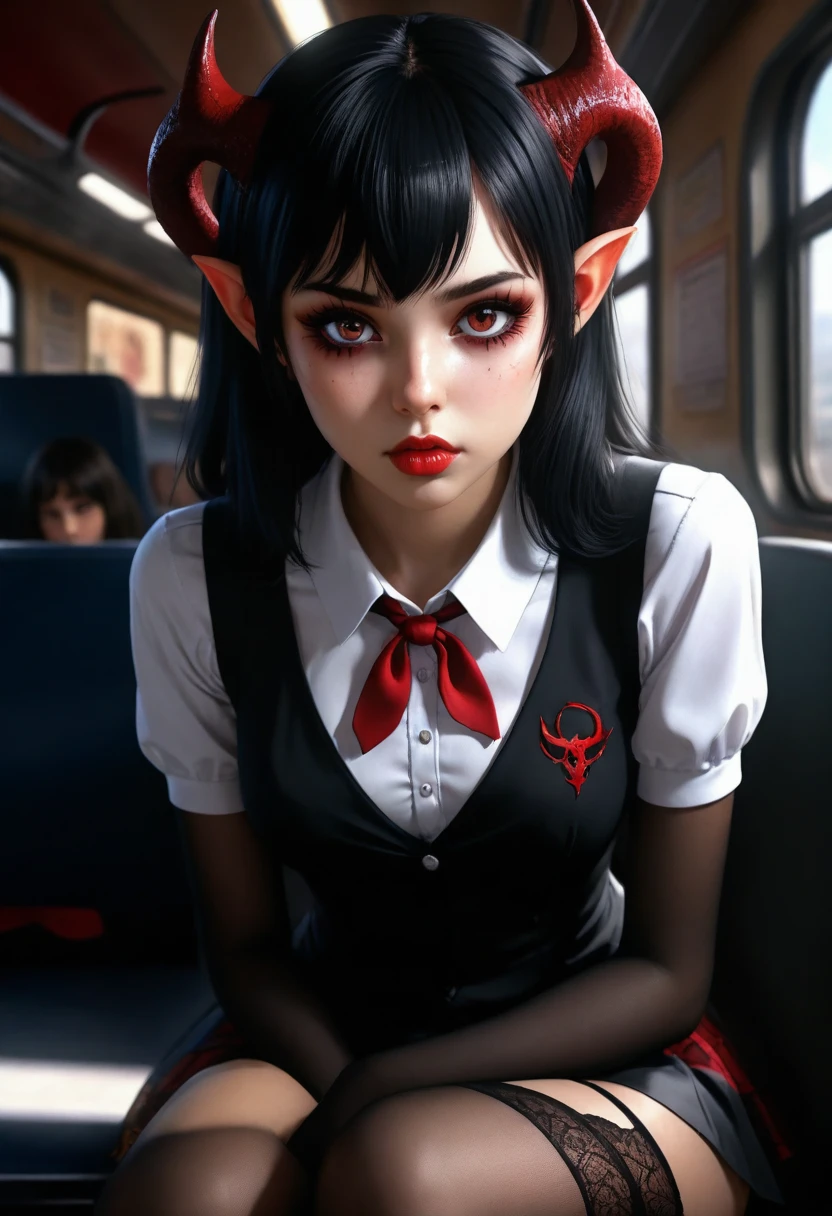 Beautiful demon dream eater Succubus alien skin obsessed girl in train, in a sexy school girl uniform with stockings, extremely hot and sexy, detailed eyes, lips, eyelashes, 1girl, digital painting, cinematic lighting, dramatic shadows, moody colors, dark fantasy, masterpiece, 8k, photorealistic