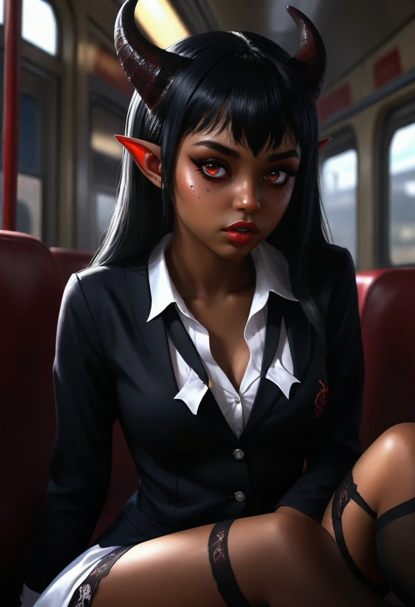 Beautiful demon dream eater Succubus alien dark black skin obsessed girl in train, in a sexy school girl uniform with stockings, extremely hot and sexy, detailed eyes, lips, eyelashes, 1girl, digital painting, cinematic lighting, dramatic shadows, moody colors, dark fantasy, masterpiece, 8k, photorealistic