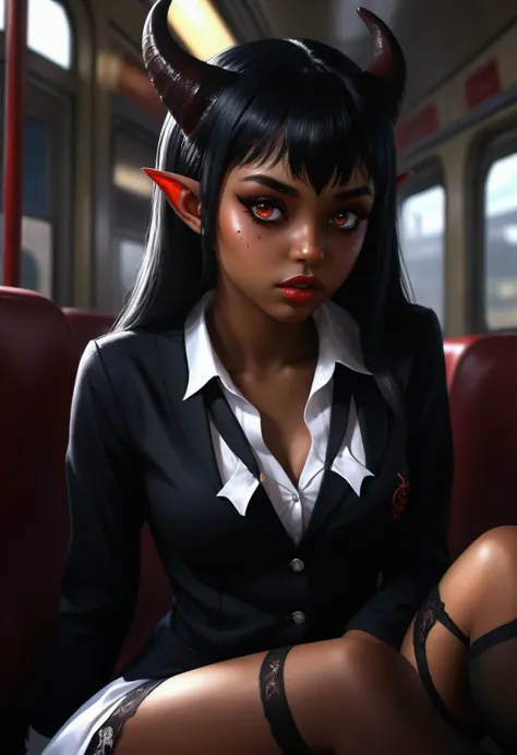 beautiful demon dream eater succubus alien dark black skin obsessed girl in train, in a sexy school girl uniform with stockings,...