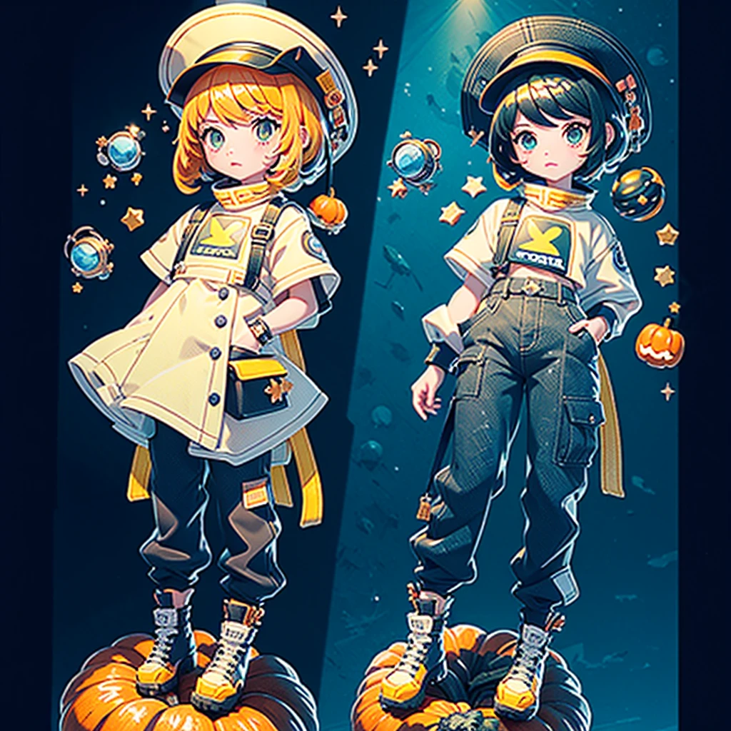 1girl,(((Perfect Anatomy、Best Quality、Masterpiece、Official Art、Super detailed、The best dynamic composition)))、Anime Style、Absurd、Future World、Neon Color Palette、Big black newsboy hat、Pumpkin Pants、Unique and eye-catching costumes、独創的なcute髪型、Space pattern、cute、Heartwarming、