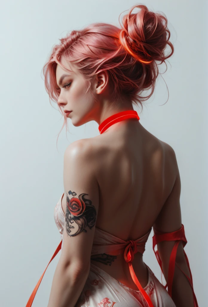 Score_9, score_8_up, score_7_up, 1girl, female, back, pink hair, messy bun, loose strands, pale skin, smooth skin, soft shadows, curves, subtle butt, lower back, red fabric, fabric wrapping around hips, flowing fabric, fire effect, orange highlights, glowing tattoo, magical symbols, energy, fantasy, power, bare back, red ribbons, metallic collar, vulnerable, strong posture, sensual, vibrant colors, contrast, white background, futuristic, magical, ethereal, delicate, subtle movement, simple shapes, bright colors