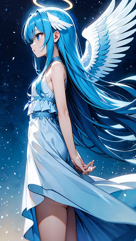 blue long hair、child、light wings on one side、angel halo、battle