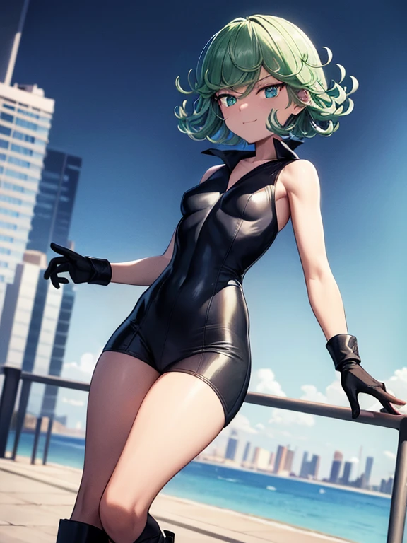 Masterpiece, Best Quality, Ultra Detailed, Illustration, Epic Lighting, Cinematic Composition, 1 Girl, Tatsumaki, Short Hair, Green Hair, Very Small Breasts, Green Eyes, Glowing Eyes, smiling, Blushing, Closed Mouth, Piercing Gaze, Full Body, Black Collar, Tall, Thin, Shock Collar, Black Gloves, Black Chest Harness Belt, Light Blue Wrist Guards, Sleeveless, Light Blue Likeness Suit, Light Blue Suit With An Emblem, Orange Circular Emblem On Chest, Orange Emblem, Light Blue Pants, Gray Knee Pads, Metallic Light Blue Boots, Black Superhero Belt, City Background, Standing On A Pier By The Sea During Daytime, Looking At Viewer, Anime