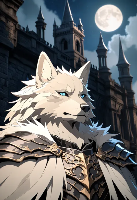 handsome white wolf furry in black regal armor, anime style, blaidd from elden ring, victorian castle and moon in the background...