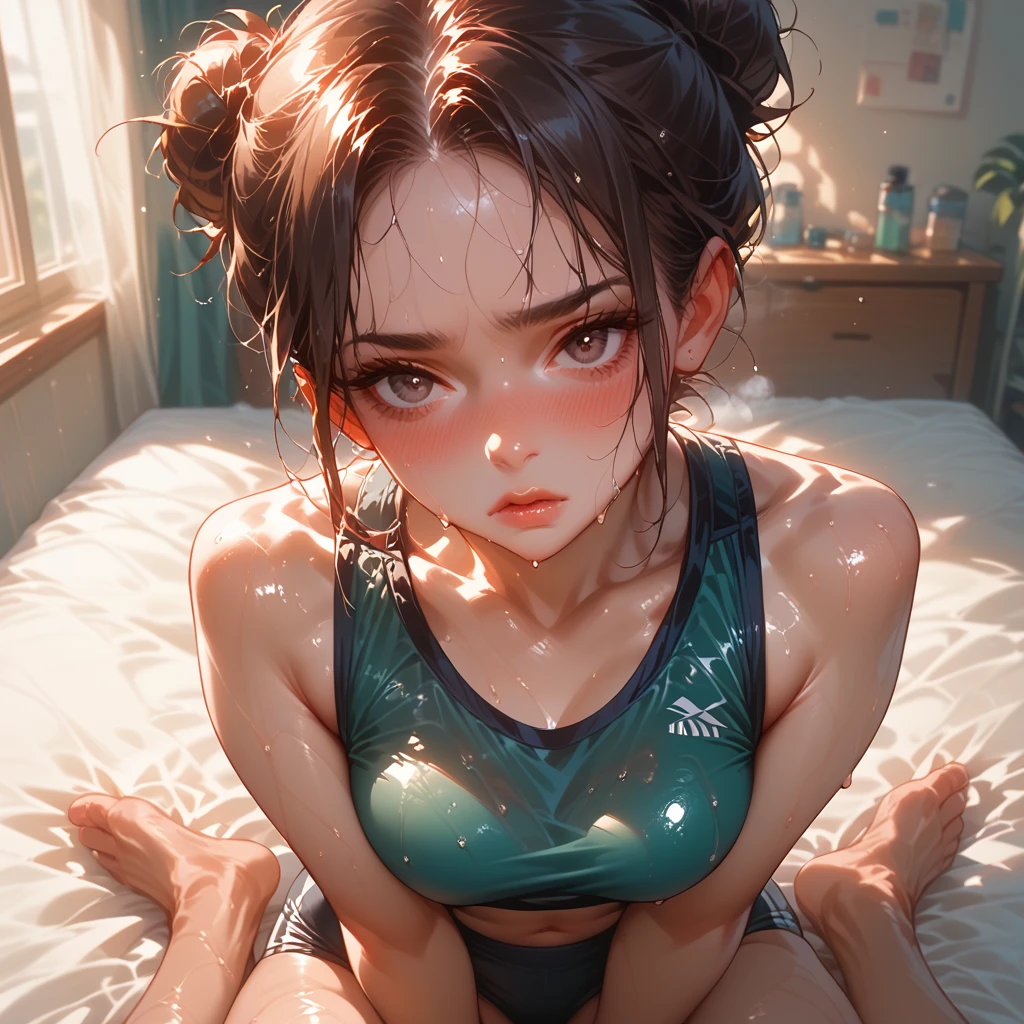 A sweaty young girl wet with strong arms, wearing a workout outfit, sitting on a bed. She looks slightly out of breath, with her hair in a messy bun and a few workout items nearby pov hentai