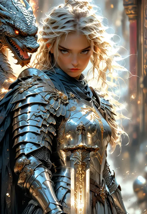 breathtaking a very detailed digital painting of a powerful knight in armor holding a large, shield decorated with heroic poses,...