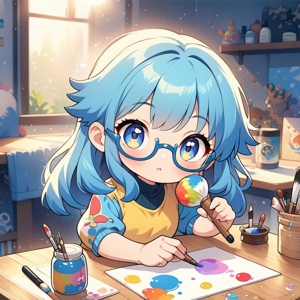 Blue hair and glasses、Cartoon girl holding a paintbrush, Cute art style, Anime Moe Art Style, Cute realistic portrait, IG Studio Anime Style, Anime art style, Cute portrait, Cute anime style, Chibi Art, Chibi Style, Cute pretty girl, Anime art style, , In anime style, beautiful Anime art style, Anime style portrait,4Kグラフィック,