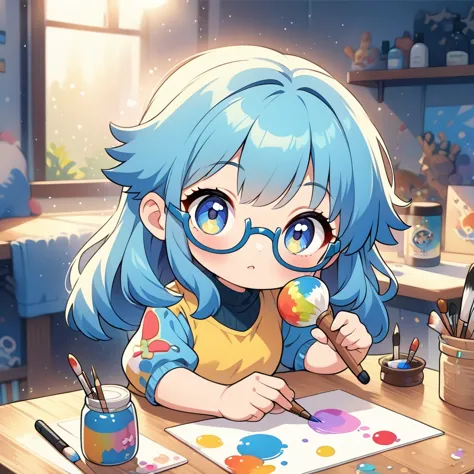 blue hair and glasses、cartoon girl holding a paintbrush, cute art style, anime moe art style, cute realistic portrait, ig studio...