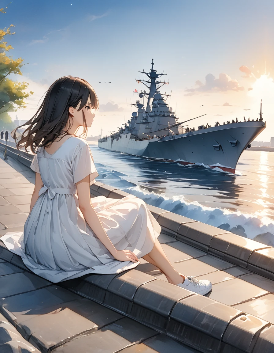 Material, Watercolor paints,(Amazingly absurd)),(masterpiece:1.2),超High resolution, Attention to detail, high quality, High resolution, 最high quality, 4K, 8k、Rear View、(((Confronting a warship)))、(((Gazing into the distance:2.0)))、(((Alone watching the warships)))、(((Rear view)))、(((Put both feet in front of the embankment)))、White Dress、sneakers、Short sleeve、(((sit on the embankment:2.0)))、Beautiful work,Watercolor paintings、Gradient Background、Desaturate、Detailed depiction of a warship、A warship seen in the distance、(((Blur the background)))、(((Making the whole picture smudge)))