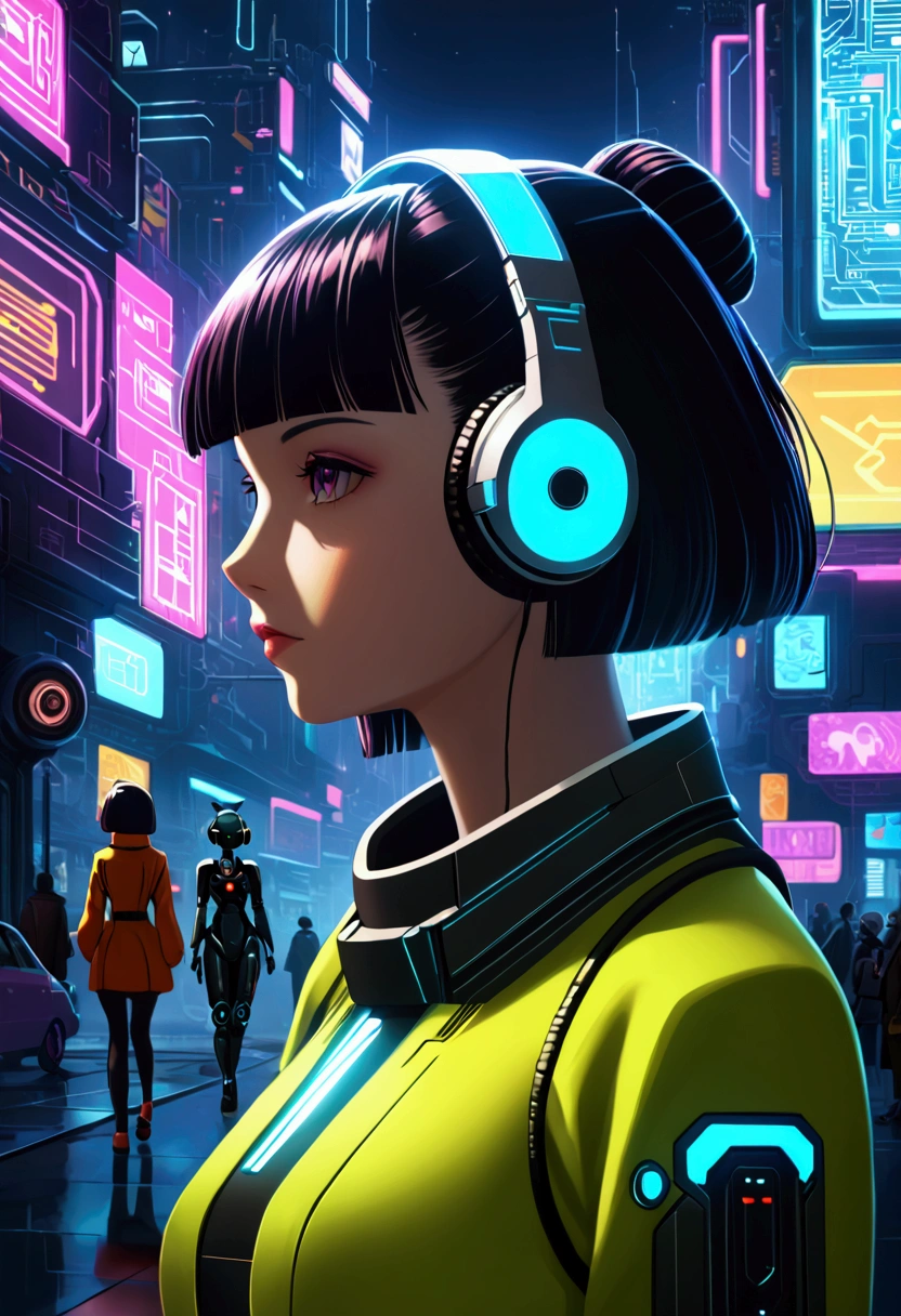 a woman with headphones next to a robot, Cyberpunk Art, robotic city, retrofuturism, Ilya Kuvshinov, sci-fi, futurist, vibrant, photo<xml><input>realistic</input></xml>, <xml><input>realistic</input></xml>, dramatic, cinematic lighting, sharp focus, 8k