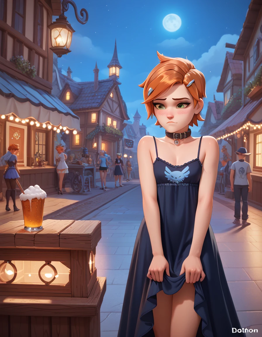 fantasy, overwatch render, Gwendolyn_Tennyson, ginger hair, short hair, one side of head shaved, fluffy hair, blushing, concerned face, skimpy witch dress, camisole dress, g-string, cozy, preparing a spell, magic, collar, lights off, UHDR, nighttime, dark, magic dust, spooky backyard