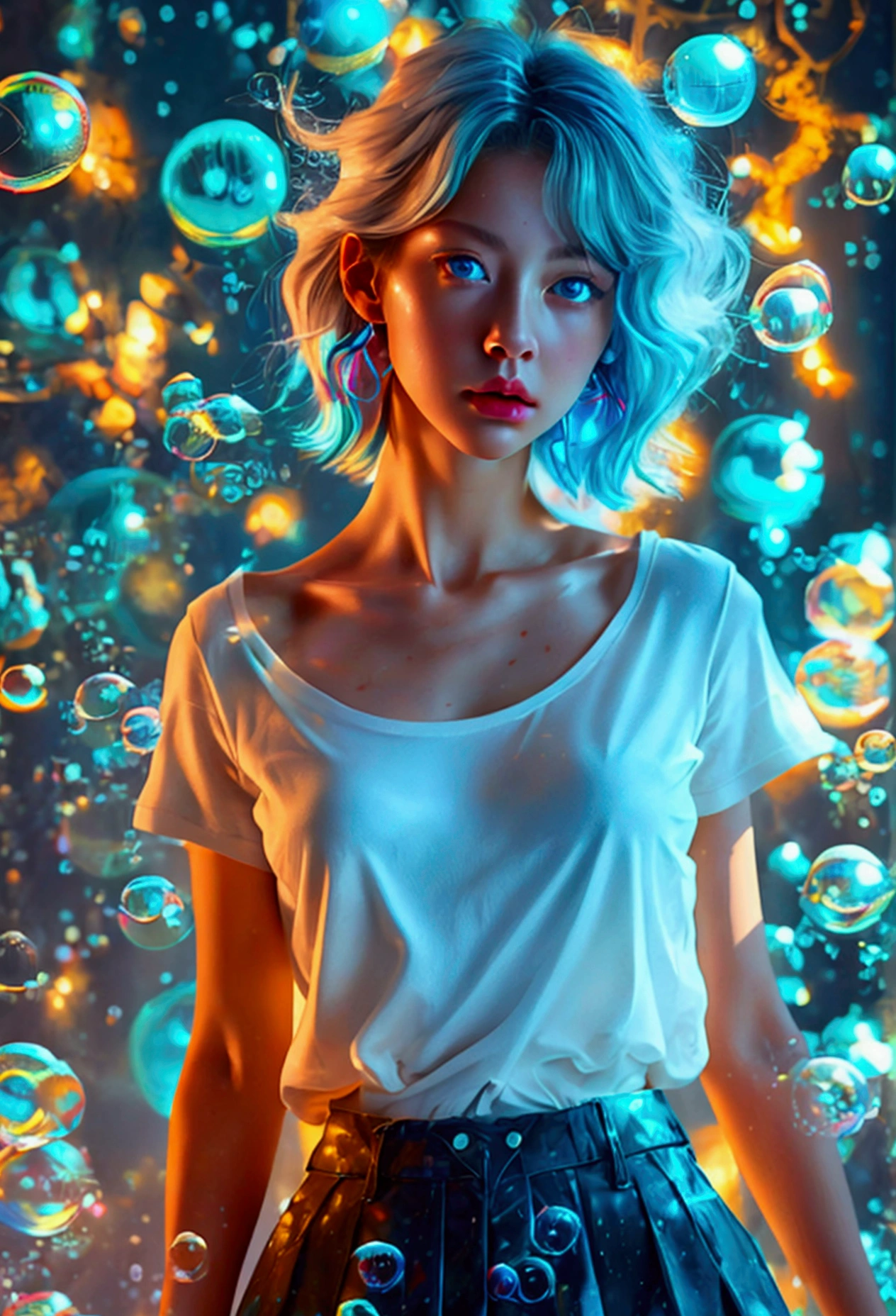 (Masterpiece), (Best Quality), (Best Illustration), (Photorealistic Painting), (Official Art, Highly Detailed CG Unity 8k Wallpaper), (Highly Detailed), ((Outrageous)), Girl in white T-shirt and black cargo skirt taking picture, Birthday party, (Stylish expression, Pale skin, Short perm bob, Messy hair), ((SFW)), ((Clean and accurate body anatomy)), ((White thighs)), Aqua blue eyes, Colored contact lenses, Stars in eyes, Perfect symmetry, ((Colored bubbles))), Colorful glass, (Clear blue universe, Dramatic lighting), Soft light, Cinematic,