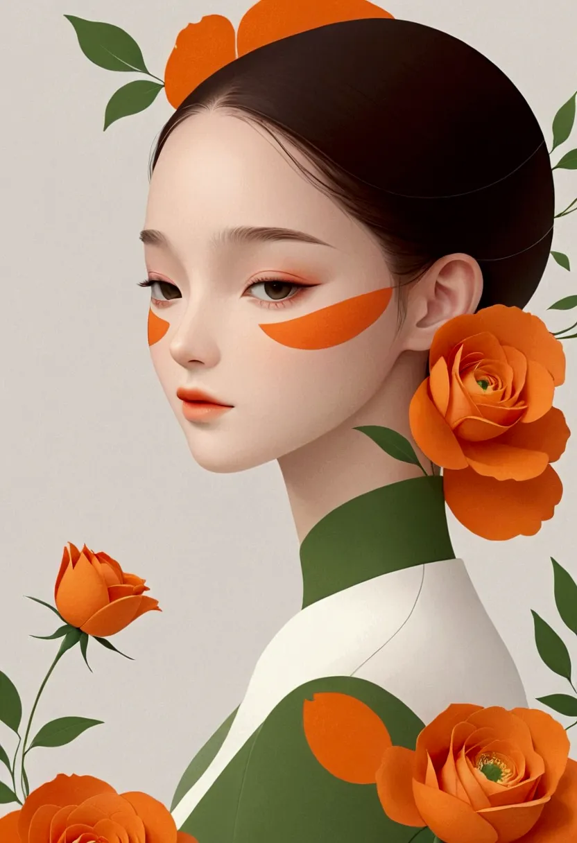 victor age&#39;s style, beautiful details，simple，modern，advanced，cute color blocking，flower，orange，white，grid，line，illustration，...