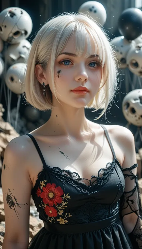 a gothic female character in hq style, wearing a black balloon dress with floral designs along the edges. she has white bob-cut ...