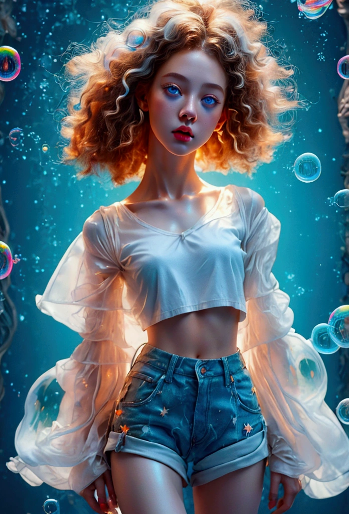 (Masterpiece), (Best Quality), (Best Illustration), (Photorealistic Painting), (Official Art, Highly Detailed CG Unity 8k Wallpaper), (Highly Detailed), ((Outrageous)), Girl in white T-shirt and black cargo skirt taking picture, Birthday party, (Stylish expression, Pale skin, Short perm bob, Messy hair), ((SFW)), ((Clean and accurate body anatomy)), ((White thighs)), Aqua blue eyes, Colored contact lenses, Stars in eyes, Perfect symmetry, ((Colored bubbles))), Colorful glass, (Clear blue universe, Dramatic lighting), Soft light, Cinematic,