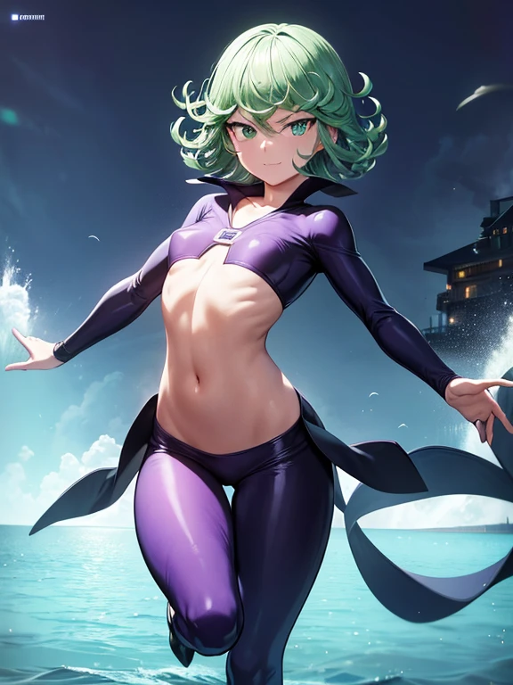 Masterpiece, best quality, ultra detailed, illustration, lighting epic, cinematic composition, 1 girl, Tatsumaki, short hair, green hair, very small breasts, green eyes, bright eyes, smiling, closed mouth, full body, black collar, tall and strong, very athletic, shark fins, gray details, mechanical shark jaw on his neck, purple fingerless gloves, purple wristbands, water shooters, purple nanotech suit resembling light armor, purple chest with an emblem, green emblem on his chest, green emblem, purple pants, shark tail, blue knee pads, metallic purple boots, black superhero belt, standing on a pier by the sea, night city background, anime