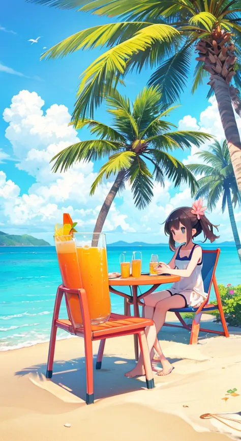 anime style。beach chairs and two girls at the beach。orange juice。a small island with a palm tree in the background